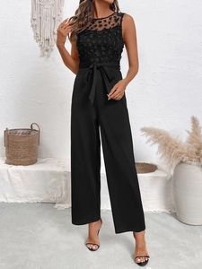 Combinaison Sans Manches à Col Rond pour Femmes Avec Appliqués Floraux 3D Patchwork en Mesh Taille Haute