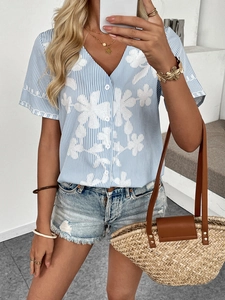 Women Casual Short Sleeve V Neck Striped Blouse With Floral Embroidery Button Up Summer Polyester Top For Daily Commute