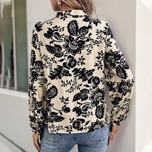 Back view of elegant long sleeve blouse with vintage floral print and stand collar
