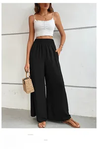 Detail of high waisted black wide leg trousers with elastic ruched waistband texture