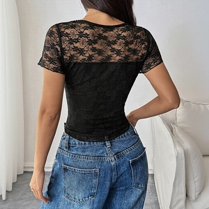 Slim fit black lace patchwork short sleeve top for women paired with blue jeans