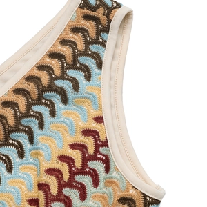 Detail of colorful zigzag crochet knit fabric with premium ribbed neckline edge