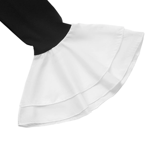 Detailed view of elegant contrast tiered ruffle cuffs on a long-sleeve black dress