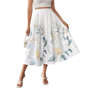 Falda midi con estampado floral de talle alto con botones decorativos en color blanco