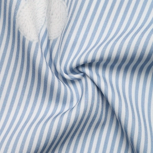 Close-up of blue and white striped shirt fabric texture showing high-quality cotton weave