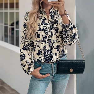 Women Vintage Floral Print Long Sleeve Blouse Stand Collar Elegant Pleated Viscose Nylon Shirt Retro Button Casual Top