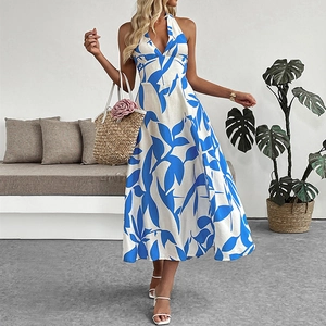 Robe Longue Dos Nu pour Femmes Imprimé Floral Col en V Fente Latérale Plage Vacances Été Robe Longue Élégante Sans Manches