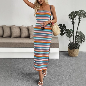 Summer vacation colorful striped tube top maxi dress with side slit and slim fit silhouette