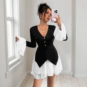 Elegant Contrast Patchwork V Neck Long Sleeve Mini Dress For Women Ruffle Cuff Layered Hem A-Line Autumn Party Dress