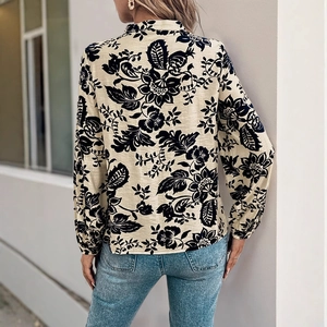 Elegant vintage floral long sleeve blouse with stand collar and pleat details for women