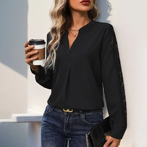 Women black long sleeve blouse with lace stitching on sleeves and casual V-neck design