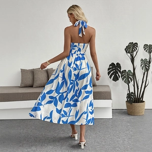 Robe midi dos nu à licou pour femme avec imprimé tropical bleu pour vacances à la plage