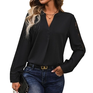Women's black long-sleeve V-neck shirt featuring elegant lace hollow embroidery on sleeves