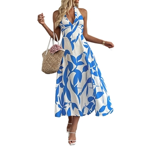 Robe midi dos nu avec col en V et imprimé feuilles bleues pour vacances à la plage
