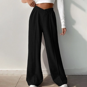 Women High Waist Wide Leg Pants V-Shaped Elastic Waistband Straight Leg Casual Trousers Solid Color Loose Lounge Yoga Pants