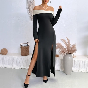 Women's Elegant Off The Shoulder Long Sleeve Maxi Dress Color Block Slim Fit High Slit Party Evening Formal Gown