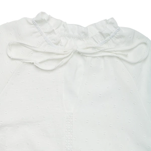 Detail of ruffled collar and Swiss dot fabric on an elegant white lace blouse