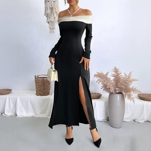 Elegant off-shoulder black party maxi dress with long sleeves and side slit design