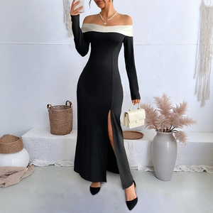 Elegant off-shoulder long sleeve party dress in black and white with a side slit detail