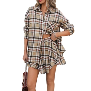 Conjunto vintage de dos piezas a cuadros para mujer con camisa y pantalón corto