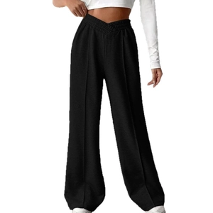 Women's black V-waist wide leg pants with high waist crossover and vertical seam design