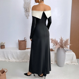Elegant off-shoulder black and white contrast slim-fit maxi dress with long sleeves