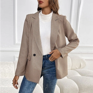 Women's slim fit houndstooth blazer jacket with lapel collar and flap pockets