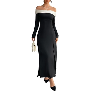 Elegant off-shoulder black maxi dress with white satin trim and high side slit
