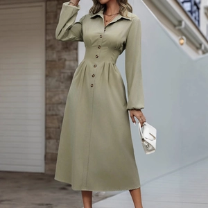 Damen Elegant Armeegrün Hemdkleid Revers Langarm Einreihig Taille Gefaltet Midi A-Linie Kleid Pendler Casual Kleid