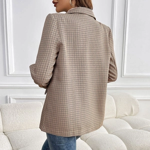 Classic brown plaid blazer for women featuring notch lapel and long sleeves in casual style