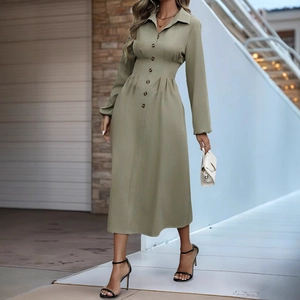 Langärmeliges Hemdblusenkleid in Salbeigrün mit Reverskragen und plissierter Taille