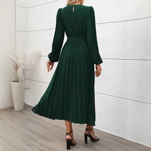 Elegant dark green long sleeve pleated maxi dress with waist belt back view