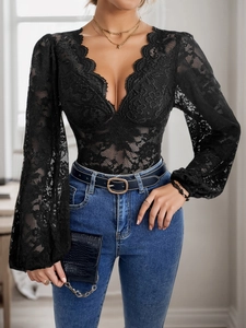 Detail of elegant black V-neck lace bodysuit with floral mesh and flared sleeves