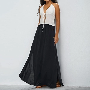 Women Casual Solid Black Maxi Skirt With Side Buttons Pockets High Waist Elastic Slit Skater Long Skirt Elegant Daily Bottom