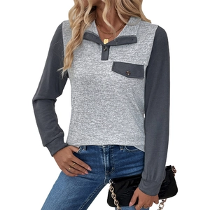 Damen Langarm-Pullover mit zweifarbigem Patchwork-Design und Knopfkragen in Grau