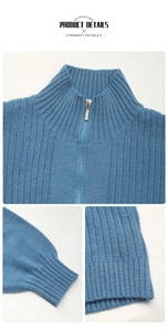 Detail view of blue knit cardigan featuring stand collar with metal zipper and ribbed cuffs