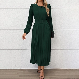 Women Retro Long Sleeve Pleated Maxi Dress Elegant Round Neck High Waist With Belt Solid Color Autumn Office Party Gown