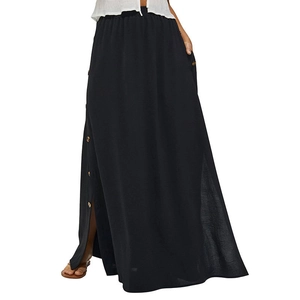 Women's casual black maxi skirt with button detail, side slit and elastic waist design