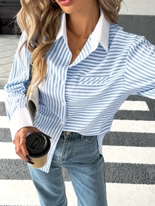 Chic blue and white striped long-sleeve shirt with white contrast collar and cuffs