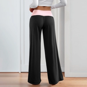 Pantalon de sport large pour femme avec taille rabattable rose et jambe large noire