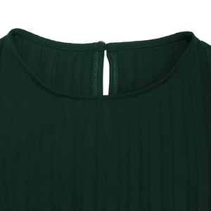 Detail of the crew neckline and pleated fabric texture on this dark green dress