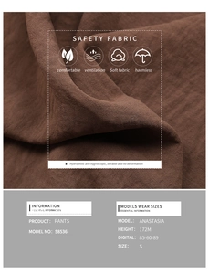 Detail view of breathable brown linen fabric texture and model size information S8536