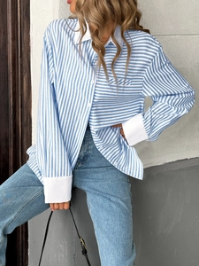 Chic blue white striped oversized shirt with white contrast collar and button cuffs