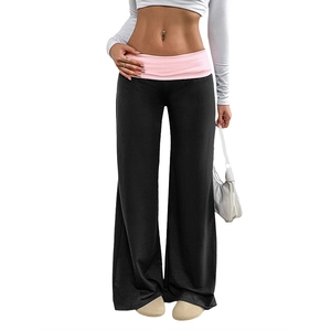 Pantalon de yoga large pour femme noir avec ceinture rose rabattable et coupe sport