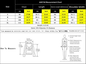 Size chart for V-neck long sleeve shirt showing chest and length measurements in cm and inch