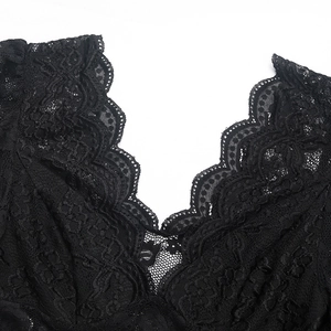 Close-up of elegant black lace bodysuit featuring floral embroidery and scallop V-neck edge