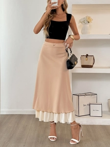 Elegant satin midi skirt with double-layered white ruffle hem and button details