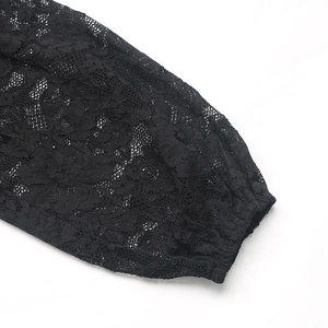 Detail of elegant black lace bodysuit sleeve with floral embroidery and elastic cuff