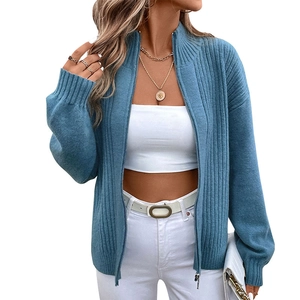 Women's blue ribbed knit cardigan with full zip and stand collar for autumn casual wear
