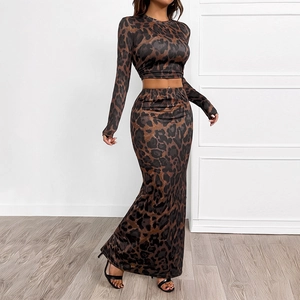 Women's Sexy Leopard Print Top And Bottom Long Sleeve Round Neck Crop Top High Waist Slit Maxi Skirt Bodycon Suit